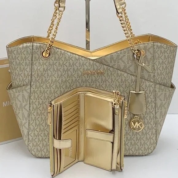 Michael Kors Large X Chain Sholder Tote & Large Double Zip Wallet Pale Gold